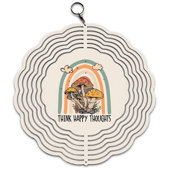 Boho Rainbow Think Happy Thoughts Statement Design Wind Spinner with Swivel Hook - Picture 1 of 3